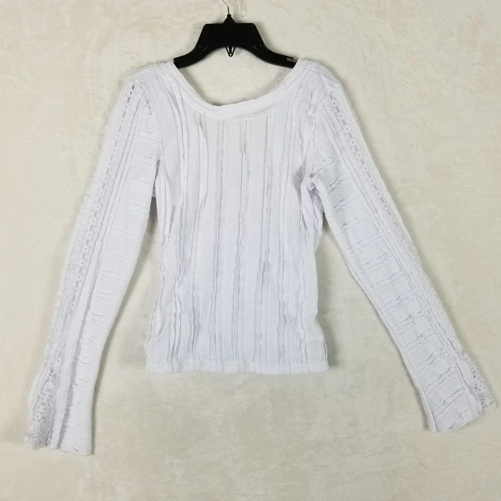 Free People Wrap Top Women M White Lace Eyelet Ruffle Long Sleeve OB2055064